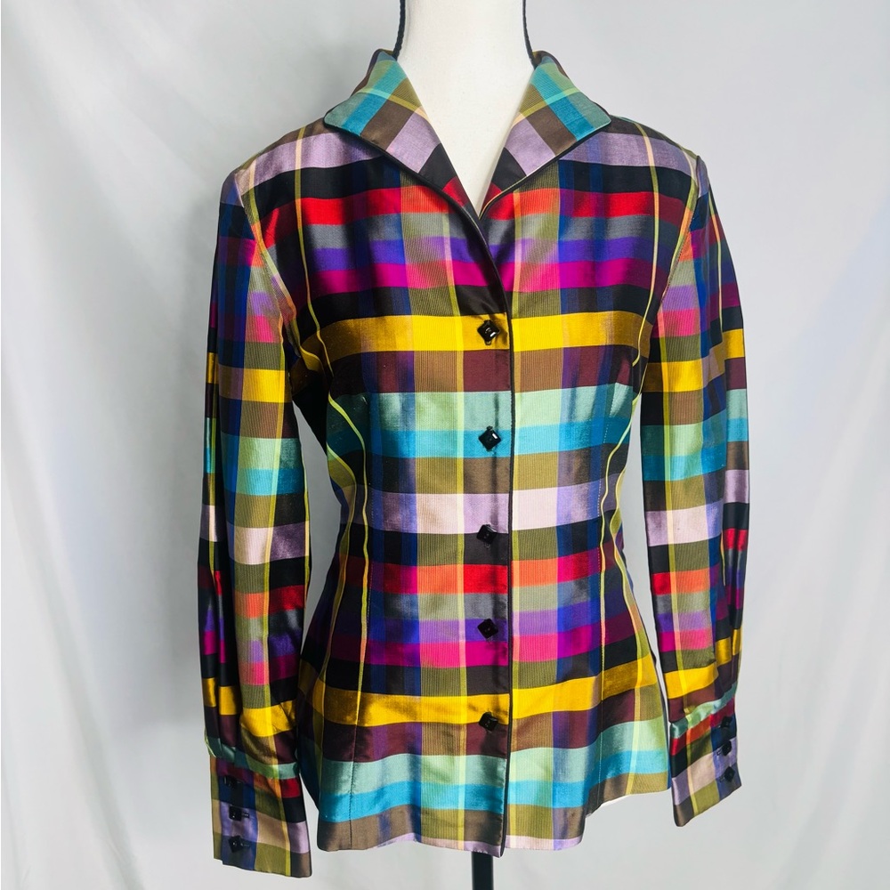 Marisa Baratelli Plaid 100% Thai Silk Button Up Blouse